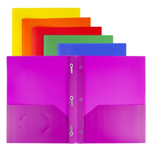 Colored 3-Prong Plastic Folders with Pockets (6 Pack, Assorted Colors), Folders with Labels, 2-Pocket School Folders , Pocket Folders with Fasteners, Tear-Resistant, Acid Free 6 Vibrant 6 Pack