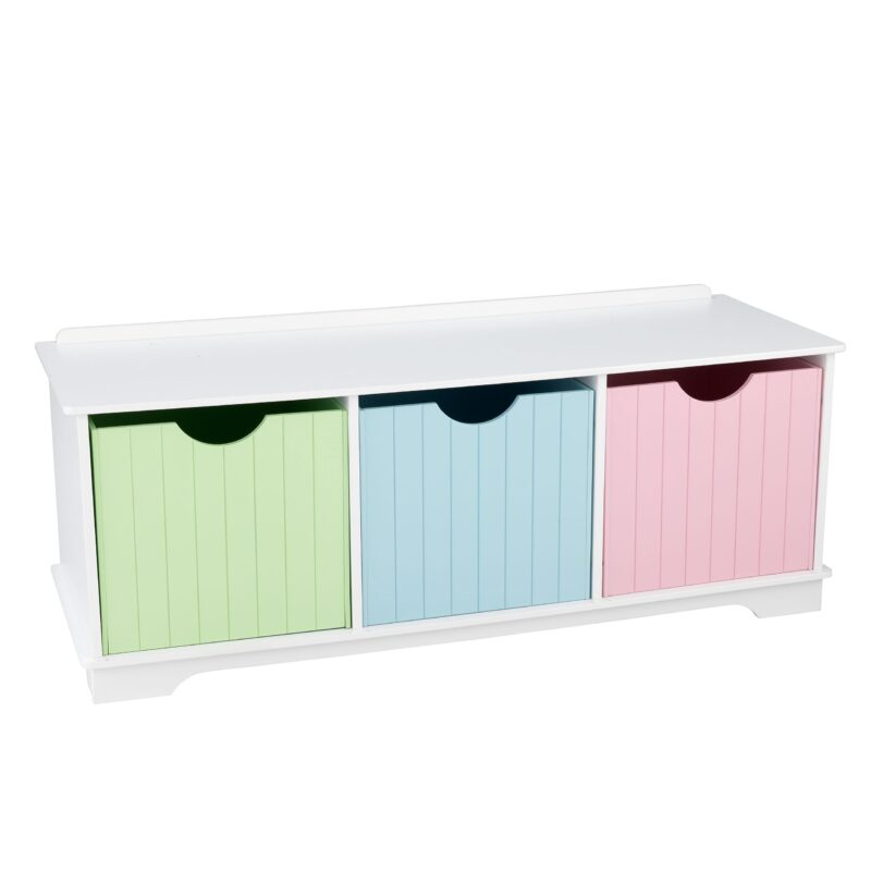 Catalog 8 KidKraft Nantucket Wooden Storage Bench with Three Bins and Wainscoting Detail - Pastel, Gift for Ages 3+
