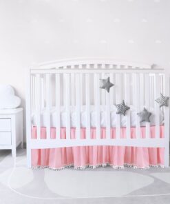 Pink Crib Skirt Pleated with White Lovely Pompoms, Bedding Dust Ruffle for Baby Girls, 14" Drop, Fit All Standard Crib Bed, Fade Resistant Crib Bed Skirt Machine Wash Tassel Pink 23 61AFHrzngqL