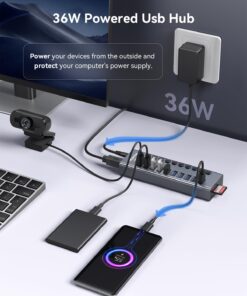 WENTER Powered USB Hub 3.0 with SD/TF Card Reader, Aluminum 10 Port Powered USB Hub (9 USB 3.0 Data Transfer Port & 1 USB Fast Charging Port Hub) USB 3.0 Hub for PC, Laptop 💪Aluminum 9+1 Charging Port USB Hub 10 61AM8DQCkL