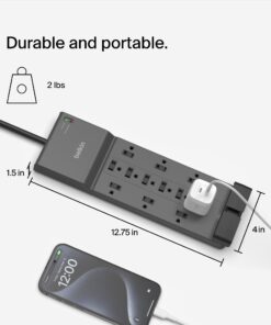 Belkin Power Strip Surge Protector - 12 AC Multiple Outlets & 8 ft Long Flat Plug Heavy Duty Extension Cord for Home, Office, Travel, Computer Desktop, Laptop & Phone Charging Brick (3,940 Joules) 12 Outlet Strip + Cable & Phone protection 30 61AQ6iWF3FL