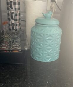 MyGift Vintage Turquoise Ceramic Kitchen Jar with Lid, Cookie Jar Storage Containers Airtight with Embossed Star and Bird Design 16 61AT19ASLNL