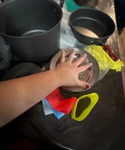 Odoland 22pcs Camping Cookware Mess Kit, Large Size Hanging Pot Pan Kettle with Base Cook Set for 4, Cups Dishes Forks Spoons Kit for Outdoor Camping Hiking Picnic 36 61AWqrkA7OL