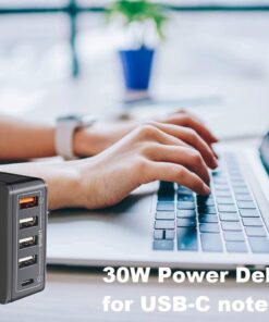 Techsmarter 63W Five Port Desktop Charging Station with 30W USB-C PD Port, 18W USB-A Port and 3 12W USB-A Ports. Compatible with iPhones, Galaxies, Androids, iPads, MacBook Air, Chromebook 13 61B9tvmIkUL