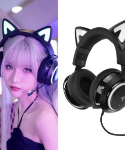 Gaming Headset,Cat Ear Headset Wire Gaming Headphones for PS5/ PS4/ PC, Cute Headset 2.4G with Retractable Microphone, 7.1 Stereo Sound, 8Hrs Playtime, RGB Lighting, Black 13 61BJ53SQ8IL