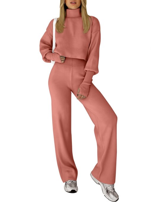 ANRABESS Women's Two Piece Outfits Sweater Sets Long Sleeve Turtleneck Knit Crop Pullover and Wide Leg Pant Lounge Sets Rust Large