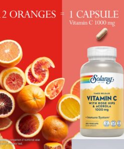 SOLARAY Vitamin C 1000mg Timed Release Capsules with Rose Hips & Acerola Bioflavonoids, Two-Stage for High Absorption & All Day Immune Function Support, 60 Day Guarantee, 250 Servings, 250 VegCaps 250 Count (Pack of 1) 11 61C5qLS09L