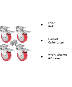 4" Swivel Plate Caster Wheels, PRITEK Heavy Duty Metal Caster Wheels Lock The Top Plate and The Wheels Replacement for Industrial Trailer or Large Home Furniture (Bearing 300lbs Each, Set of 4) Red 20 61CBhPgUtwL