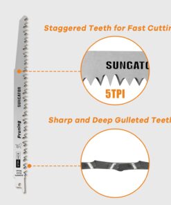 SUNGATOR 9-Inch Reciprocating Saw Blades, 10-Pack Wood Pruning Saw Blades High Carbon Steel with 5TPI Designed for Fast, Straight, Clean Pruning and Cutting Wood 12 61CG6W7yCbL
