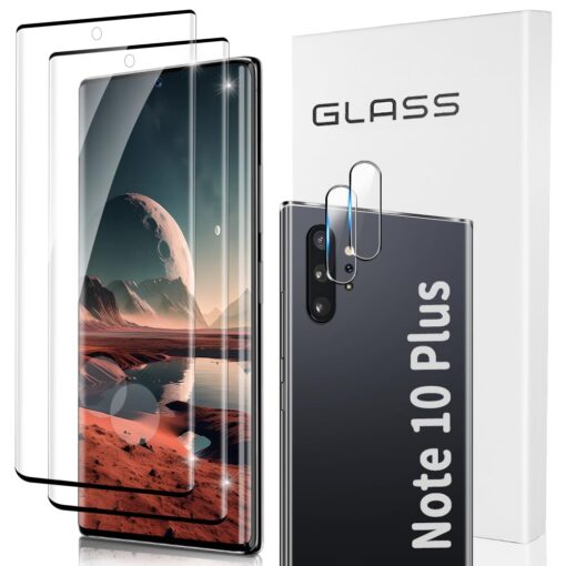 LETANG [2+2 Pack] Galaxy Note 10 Plus Screen Protector with Camera Lens Protector, Support Fingerprint, HD Clear, 3D Curved, 9H Hardness Tempered Glass Film for Samsung Galaxy Note 10 Plus (6.8 Inch) Galaxy Note 10 Plus Screen Protector 6.8