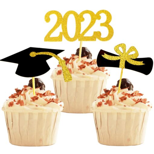 YuBoBo 2023 Graduation Cupcake Toppers, 48 PCS Food/Appetizer Picks For Graduation Party Mini Cake Decorations, Diploma, 2023, Grad Cap Set 48 Pieces (Gold) Gold