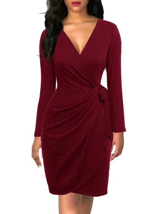 Berydress Women's Black Wrap Dress Sexy Deep V Neck Long Sleeve Knee-Length Cocktail Party Dresses Small Burgundy