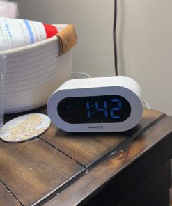REACHER Small LED Digital Alarm Clock with Snooze, Simple to Operate, Full Range Brightness Dimmer, Adjustable Alarm Volume, Outlet Powered Compact Clock for Bedrooms, Bedside, Desk, Shelf(White) White Digit 27 61CmXat6kzL