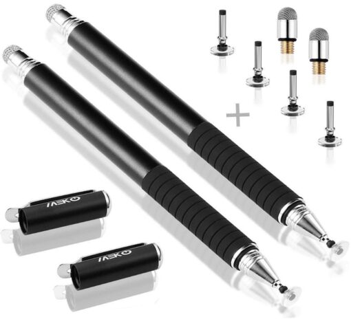 MEKO Universal Stylus,[2 in 1 Precision Series] Disc Stylus Touch Screen Pens for All Capacitive Touch Screens Cell Phones, Tablets, Laptops Bundle with 6 Replacement Tips - (2 Pcs, Black/Black) *Black/Black