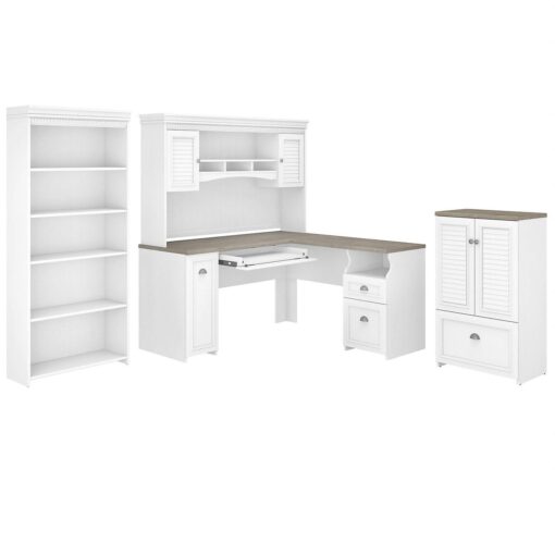 Bush FV011G2W 60-Inch L-Shaped Desk w/Hutch 5-Shelf Bookcase, Storage Shiplap Gray/Pure White