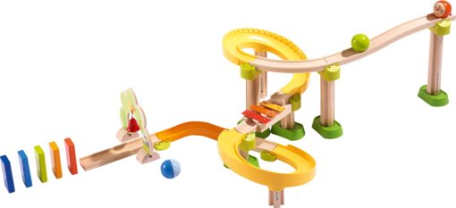 HABA Kullerbu Sim-Sala-Kling - 38 Piece Wooden & Plastic Ball Tack Set with Steep Curves and Musical Effects