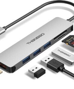 USB C Hub Multiport Adapter - 7 in 1 Portable Space Aluminum Dongle with 4K HDMI Output, 3 USB 3.0 Ports, SD/TF Card Reader Compatible for MacBook Pro, XPS More Type C Devices Space Gray