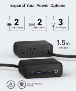 Anker 525 Charging Station, 7-in-1 USB C Power Strip for iphone13/14, 5ft Extension Cord with 3AC,2USB A,2USB C,Max 65W Power Delivery Desktop Accessory for MacBook Pro, Home, Office (Phantom Black) Phantom Black-Round Extension Cord 23 61DM 8xvvNL