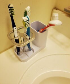 mDesign Plastic Toothbrush Storage Organizer Holder with Cup for Bathroom, Vanity, Countertop Space - Holds Brushes, Toothpaste, Floss, Dental Accessories - White/Satin 27 61DPFsS7GbL