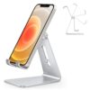 Adjustable Cell Phone Stand, OMOTON Aluminum Desktop Cellphone Stand with Anti-Slip Base and Convenient Charging Port, Fits All Smart Phones, Silver 92 61DcTof0gkL