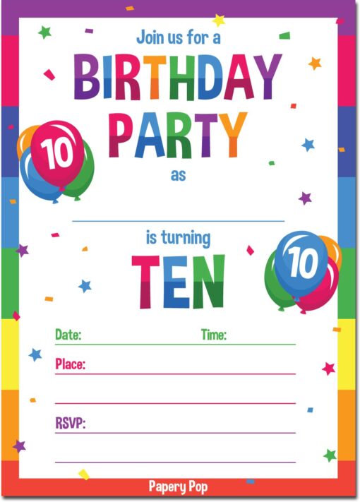 Papery Pop 10th Birthday Party Invitations with Envelopes (15 Count) - 10 Year Old Kids Birthday Invitations for Boys or Girls - Rainbow