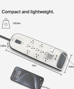 Belkin USB Power Strip Surge Protector - 12 AC Multiple Outlets & 2 USB Ports - 6 ft Long Flat Plug Extension Cord for Home, Office, Travel, Computer Desktop & Charging Brick - White (3,996 Joules) 1 Pack 25 61EOF4ENJiL