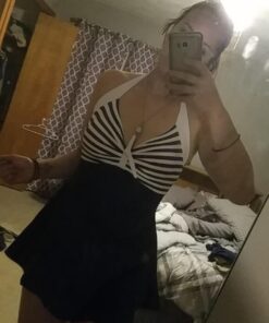 COCOSHIP Vintage Sailor Pin Up Swimsuit Retro One Piece Skirtini Cover Up Swimdress(FBA) Large Navywhite(fast Ship) 40 61ESv77Wa L