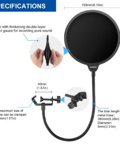 Aokeo Professional Microphone Pop Filter Mask Shield For Blue Yeti and Any Other Microphone, Mic Dual Layered Wind Pop Screen With A Flexible 360° Gooseneck Clip Stabilizing Arm Black 25 61F3 WbGV1L