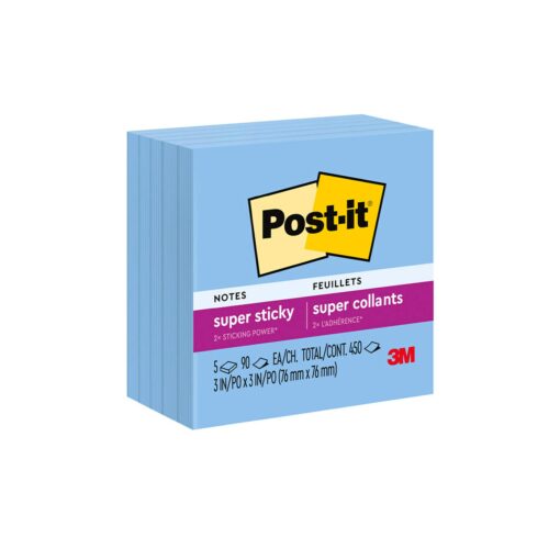 Post-it Super Sticky Notes, 3x3 in, 5 Pads, 2x the Sticking Power, Blue Sapphire, Recyclable (654-5SSBW) Mediterranean Blue