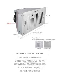 KOBE INX2730SQB-700-2 Brillia 30-inch Built-in/ Insert Range Hood, 3-Speed, 550 CFM, LED Lights, Baffle Filters, Stainless Steel 28 61FZWHIYiL