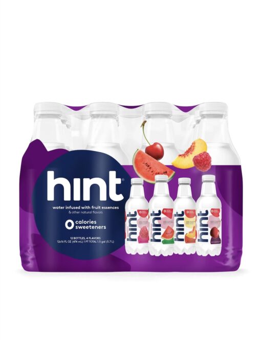 Hint Water Purple Variety Pack (Pack of 12), 16 Ounce Bottles, 3 Bottles Each of: Raspberry, Watermelon, Cherry, and Peach, Zero Calories, Zero Sugar and Zero Sweeteners 4-Flavor Purple Variety Pack 16 Fl Oz (Pack of 12)