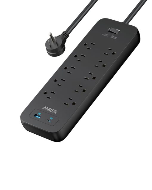 Power Strip Surge Protector(2100J),Anker 6Ft/1.8m Extension Cord with 10 Outlets and 2 USB Ports,for iPhone 15/15 Plus/15 Pro/15 Pro Max,Flag Plug,Wall Mount Holes for Home,Office,ETL Listed, Black