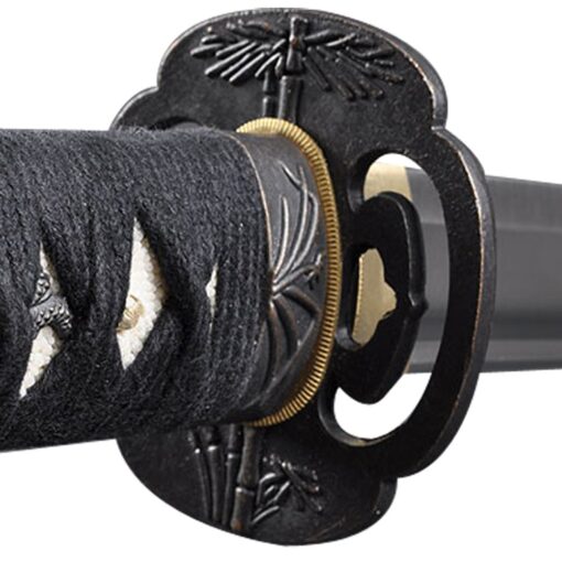 Handmade Sword - Japanese Style Samurai Katana Swords, Practical, Hand Forged, 1045 Carbon Steel, Heat Tempered, Full Tang, Sharp, Bamboo Tsuba, Black Wooden Scabbard