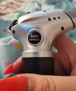 Blow Torch, Professional Kitchen Cooking Torch with Lock Adjustable Flame Refillable Mini Blow Torch Lighter for BBQ, Baking, Brulee Creme, Crafts and Soldering(Butane Gas Not Included) Silver+black 34 61Fnqbv9BrL