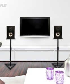 Pyle Speaker Stand Pair of Sound Play 1 and 3 Holder - Telescoping Height Adjustable from 26” - 52” Inch High Heavy Duty Three-point Triangle Base w/ Floor Spikes and 9” Square Platform, Black 12 61FoU4Iep1L