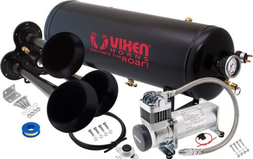 Vixen Horns Train Horn Kit for Trucks/Car/Semi. Complete Onboard System- 200psi Air Compressor, 2.5 Gallon Tank, 3 Trumpets. Super Loud dB. Fits Vehicles like Pickup/Jeep/RV/SUV 12v VXO8325/3114B 200PSI + 2.5GAL + 3TPS Stacked Black