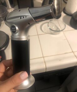Blow Torch, Professional Kitchen Cooking Torch with Lock Adjustable Flame Refillable Mini Blow Torch Lighter for BBQ, Baking, Brulee Creme, Crafts and Soldering(Butane Gas Not Included) Silver+black 44 61FrZWPQ2fL