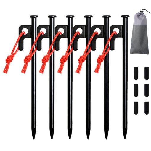 Azarxis Camping Tent Stake Metal Tent Peg with Hook and Tip Cover Heavy Duty Unbreakable for Tarp Canopy Hiking Picnic Beach Garden with Storage Bag #03 Black - Steel - 6 Pack 11.81"