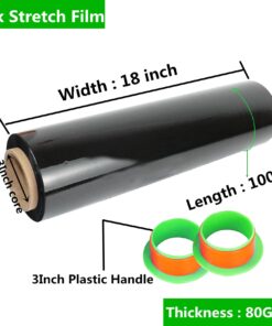 2-Pack Black Stretch Wrap 18" x 1000 Feet 80 Gauge Industrial Strength with Plastic Handle, Plastic Pallet Supplies Durable Self-Adhering for Packing, Moving, Heavy Duty Shrink Film Rolls Black-2-Pack 12 61GBKPoOqwL