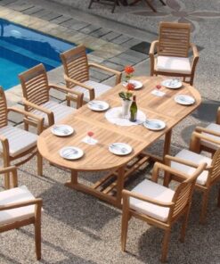 TeakStation Grade-A Teak Wood Large Double Extension 94" Mas Oval Dining Table with Trestle Legs #TSDT94OM 3 61GDBFRtrCL