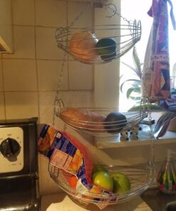 Home Basics 3-Tier Adjustable Chrome Heavy Duty Wire Hanging Fruit or Vegetable Kitchen Storage Baskets, Chrome Finish, Hammock Style 18 61GLcefypL