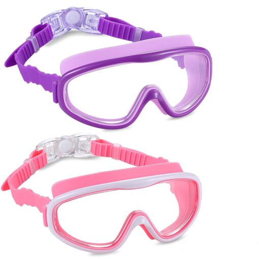 2 Pack Kids Swim Goggles, Swimming Glasses for Children from 3 to 15 Years Old Purple/Pink