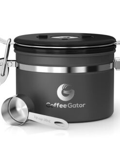 Coffee Gator Stainless Steel Coffee Grounds and Beans Container Canister with Date-Tracker, CO2-Release Valve and Measuring Scoop, Small, Gray 11oz 20 61GnK3CmWAL