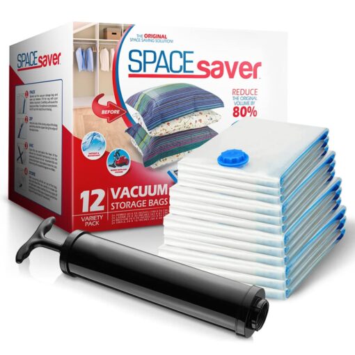 Spacesaver Variety 12pk - Space Saver Vacuum Storage Bags Save 80% Clothes Storage Space - Vacuum Seal Bags for Clothing, Comforters, Bedding - Compression Seal for Closet Storage - Pump for Travel 12 Pack