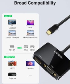 UGREEN Mini DisplayPort to HDMI VGA Adapter, 4K Thunderbolt 2 Adapter 2 in 1 Mini DP Converter Compatible with MacBook Pro MacBook Air iMac Surface Pro 1 2 3 4 6 Surface Laptop 2 ThinkPad X1, Black 21 61HHBnKuGHL