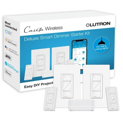 Lutron Caseta Deluxe Smart Dimmer Switch (2 Count) Kit with Caseta Smart Hub | Works with Alexa, Apple Home, Ring, Google Assistant | P-BDG-PKG2W-A | White Deluxe Original Dimmer Kit w/Hub + Remote