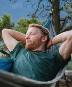 Fox Outfitters Neolite Double Camping Hammock - Lightweight Portable Nylon Parachute Hammock for Backpacking, Travel, Beach, Yard. Hammock Straps & Steel Carabiners Included (Blue/Navy) Blue / Navy 16 61HYctkDXL