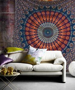 Bless International Handmade Indian hippie Bohemian Psychedelic Peacock Mandala Wall hanging College Dorm Beach Throws Table Cloth Bedding Tapestry (Golden Blue, Twin(54x72Inches)(140x185cms)) Twin (54x72Inches)(140x185cms) Golden Blue 24 61Hp0QXEqeL