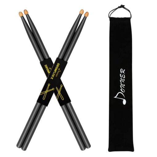 Donner Drum Sticks, 5A Drumsticks Classic Maple Wood Black Drumsticks With Storage Bag, 2 Pairs