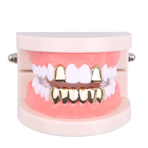 Gold Grillz Mouth Teeth 24K Plated Gold Custom Fit Top & Bottom Set Caps Grillz For Women Gift + Extra Molding Bars + Microfiber Cloth